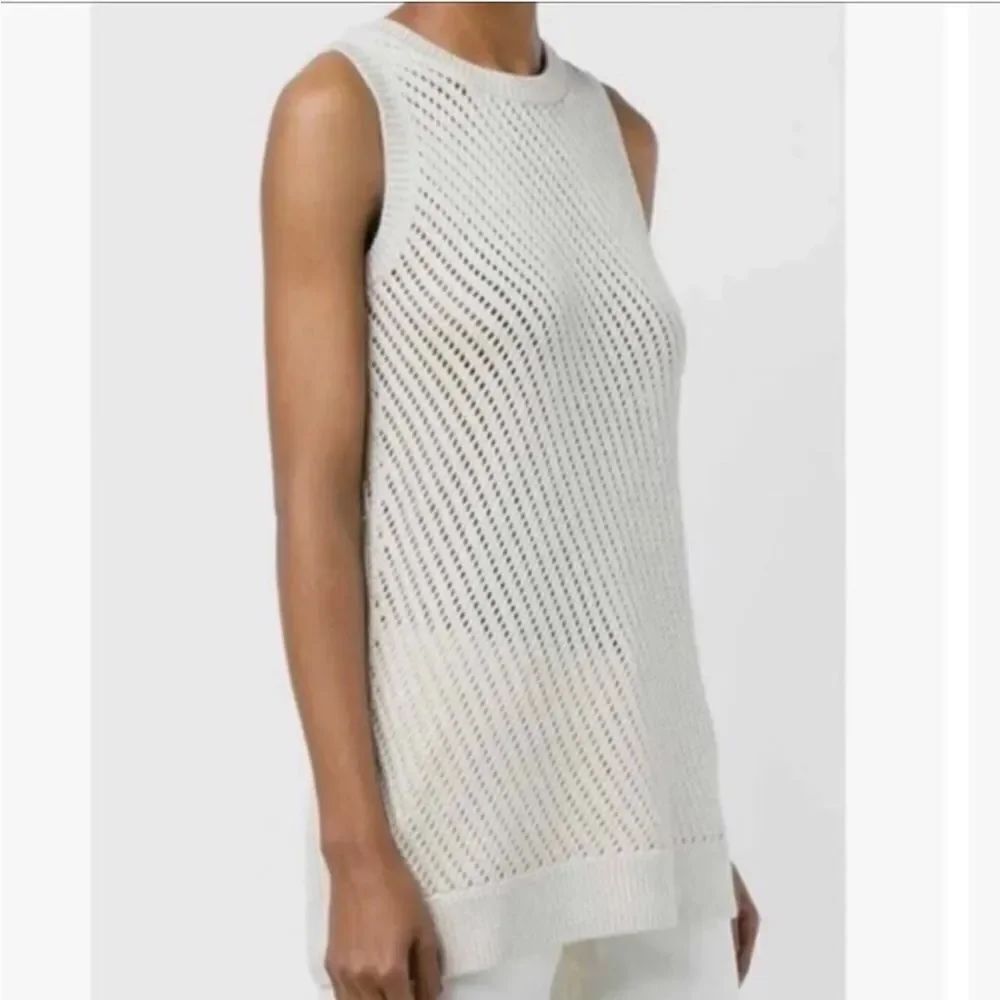 Vince Sweater Womens Small Open Knit Tunic Crochet Oatmeal Side Slit
